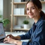 Femme entrepreneur travaillant sur ses solutions de business en ligne depuis son bureau à domicile moderne