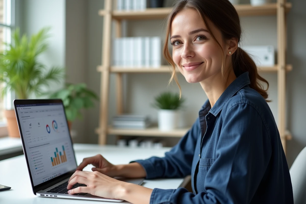 Femme entrepreneur travaillant sur ses solutions de business en ligne depuis son bureau à domicile moderne