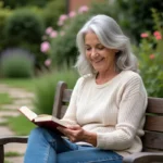 Femme souriante lisant dans son jardin en été