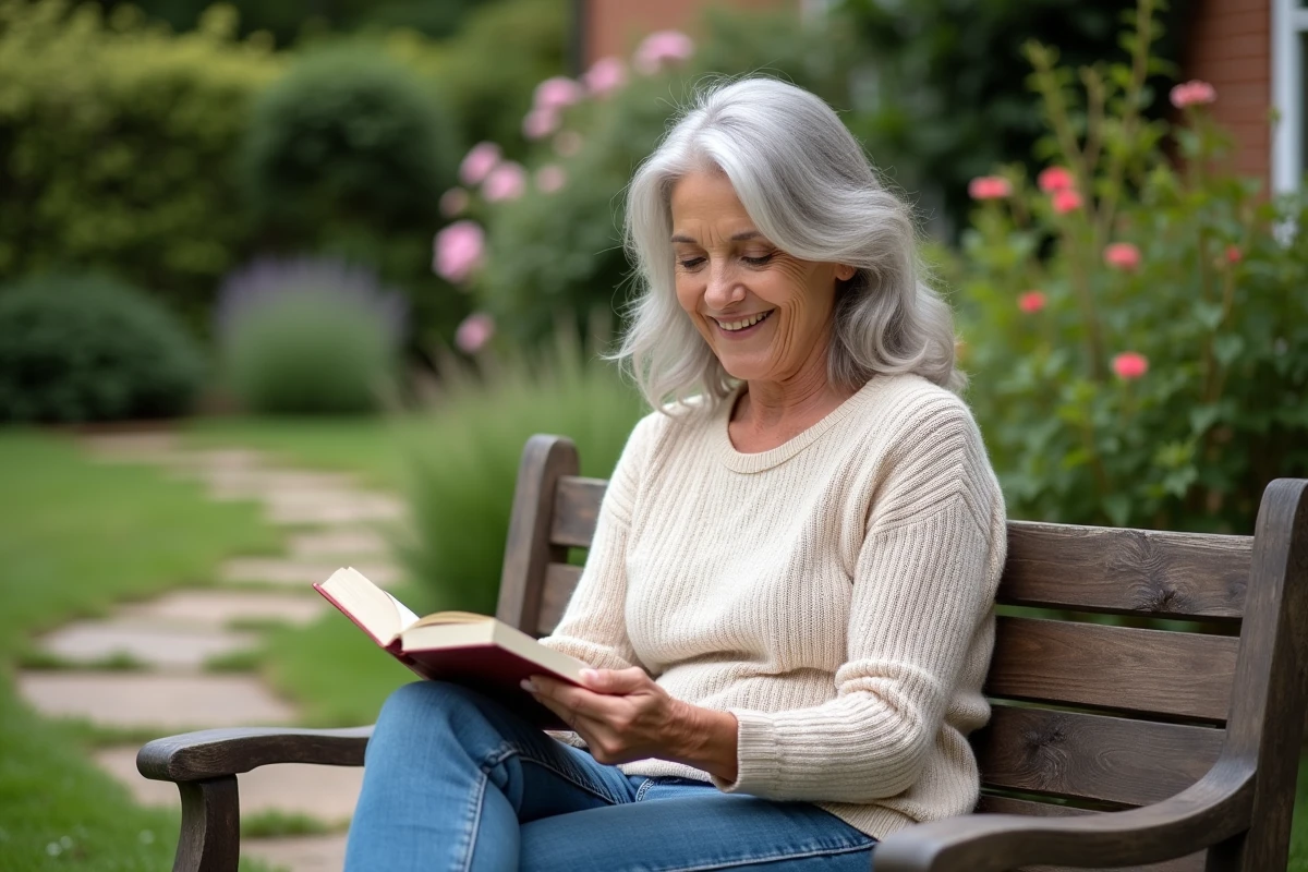 Femme souriante lisant dans son jardin en été