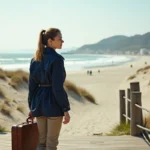 Jeune femme regardant la mer avec valise vintage sur la plage
