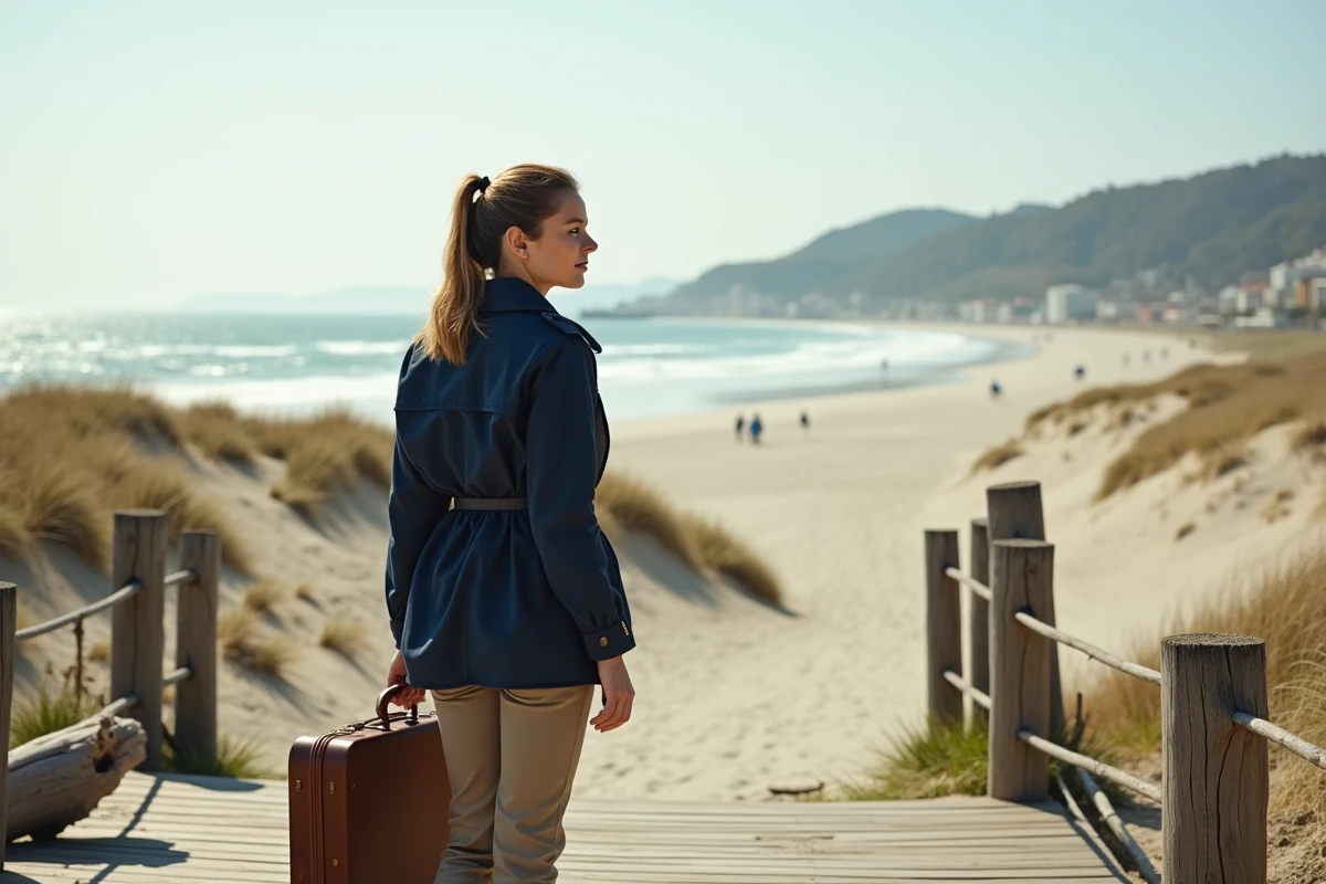 Jeune femme regardant la mer avec valise vintage sur la plage