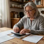 Femme senior calculant le montant de sa retraite avec des documents de pension et une calculatrice sur une table en bois