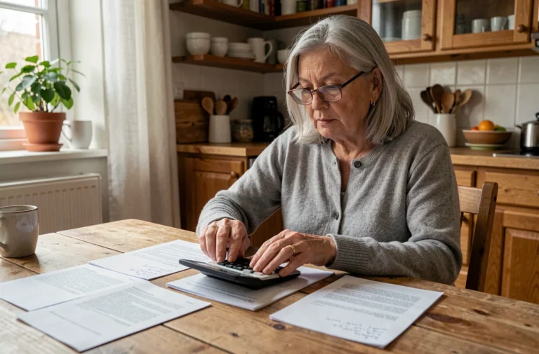 Femme senior calculant le montant de sa retraite avec des documents de pension et une calculatrice sur une table en bois