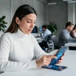 Femme utilisant un smartphone pliable innovant dans un espace de travail moderne et technologique
