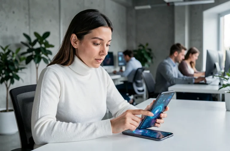 Femme utilisant un smartphone pliable innovant dans un espace de travail moderne et technologique