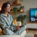 Jeune femme regardant une plateforme de streaming légale sur sa télévision dans un salon cosy