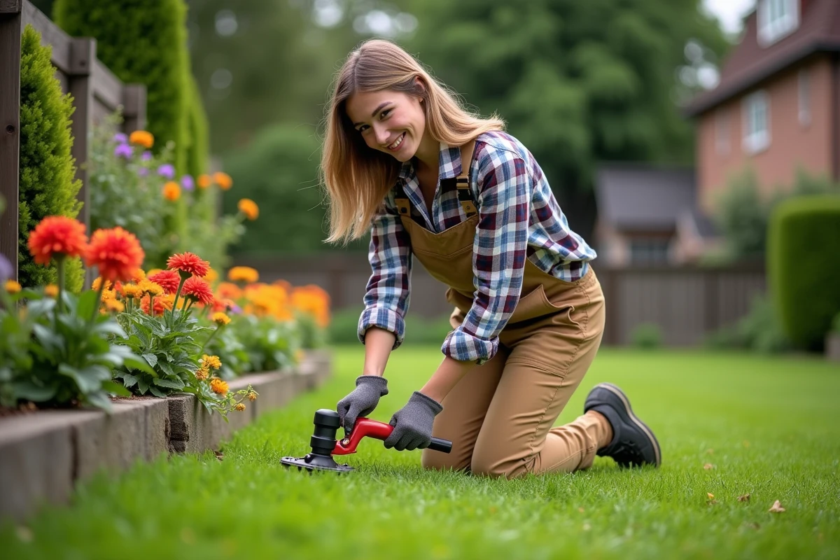 Femme taille la pelouse dans un jardin verdoyant