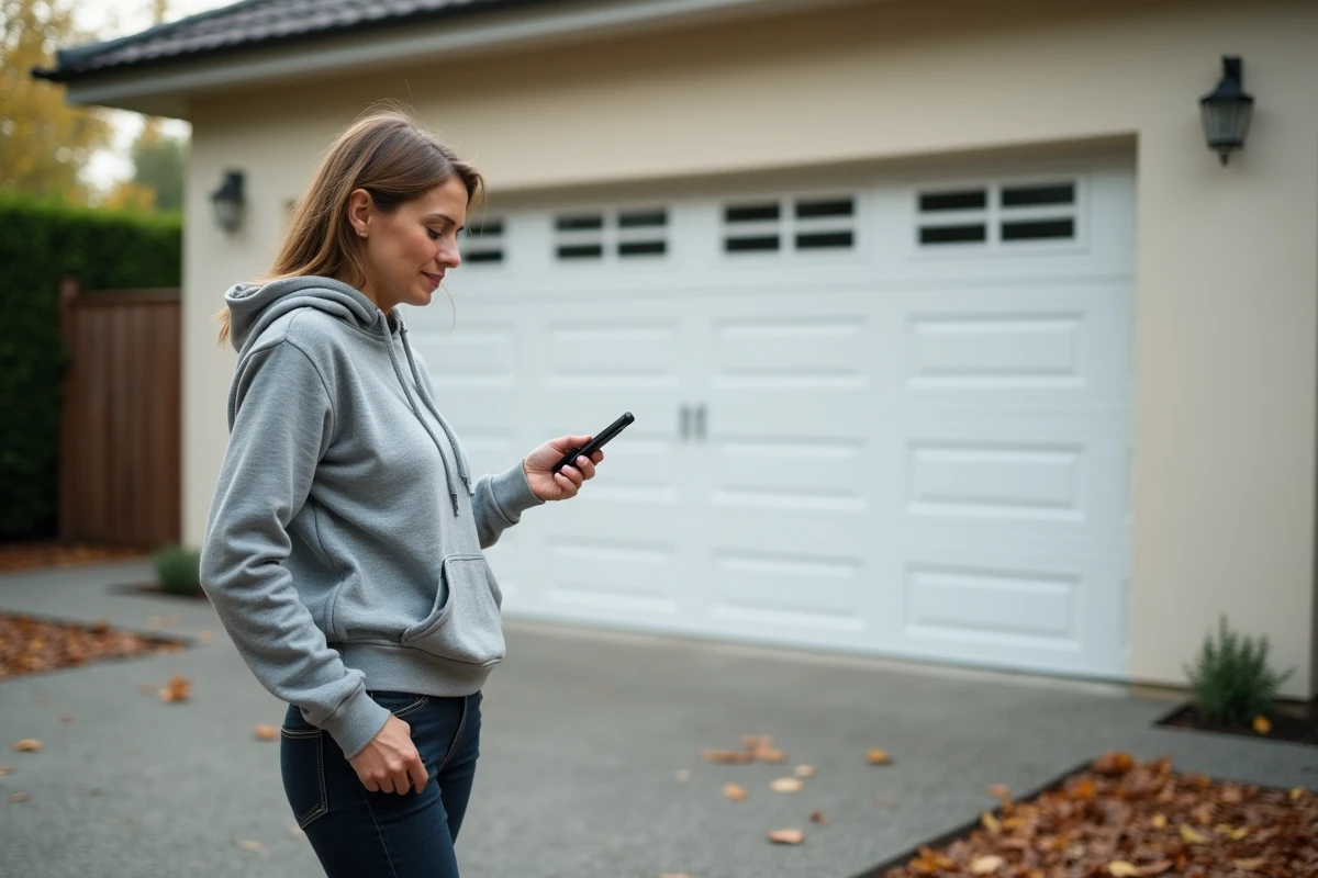Femme devant une porte sectionnelle fermée tenant une télécommande lors d'une panne de porte de garage électrique