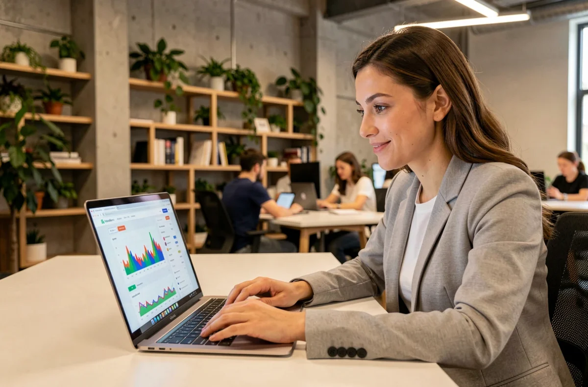 Femme professionnelle consultant les dernières tendances web sur un ordinateur portable dans un espace de coworking moderne