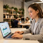 Femme professionnelle consultant les dernières tendances web sur un ordinateur portable dans un espace de coworking moderne