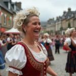 Femme en costume breton traditionnel dansant lors d'un festival folklorique en Bretagne