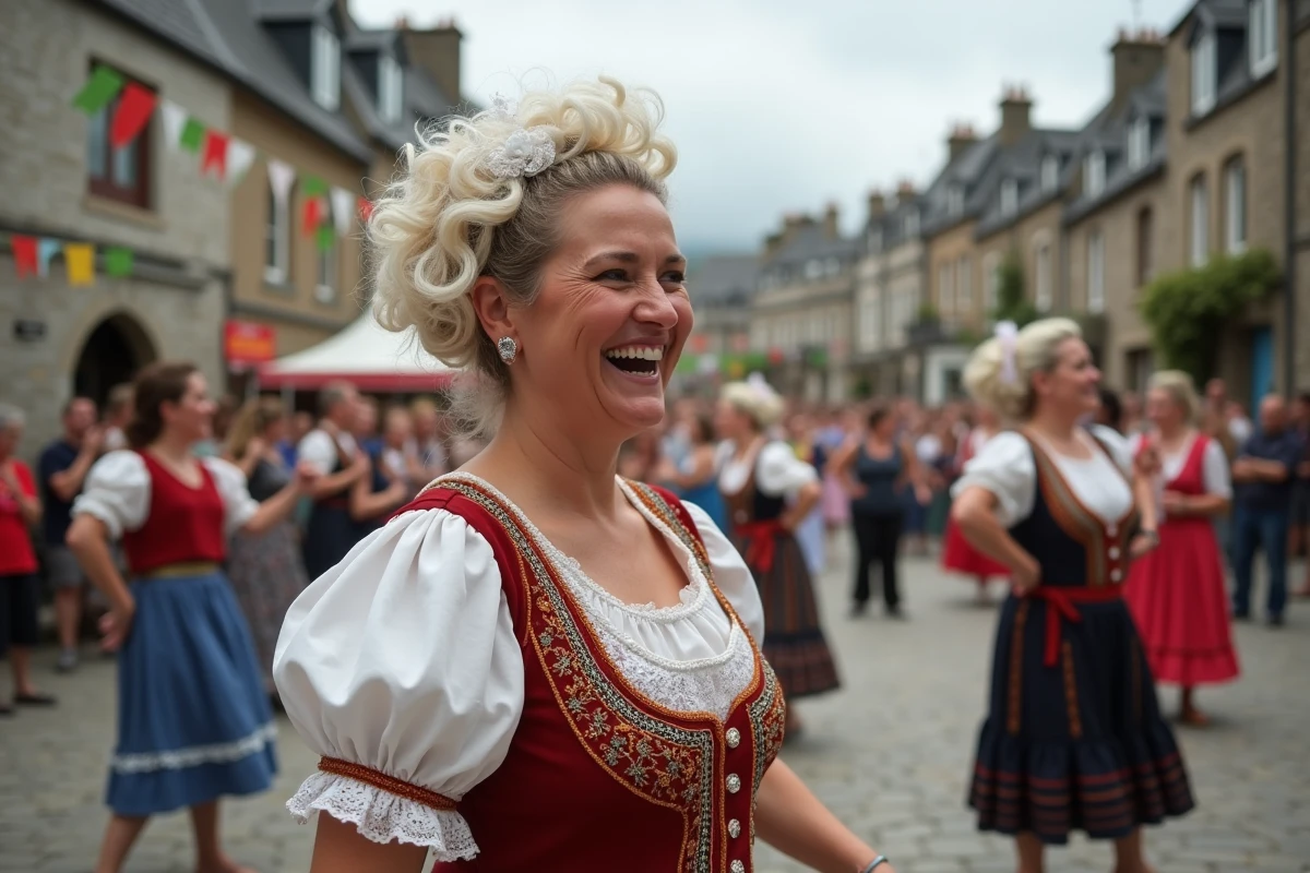 Femme en costume breton traditionnel dansant lors d'un festival folklorique en Bretagne