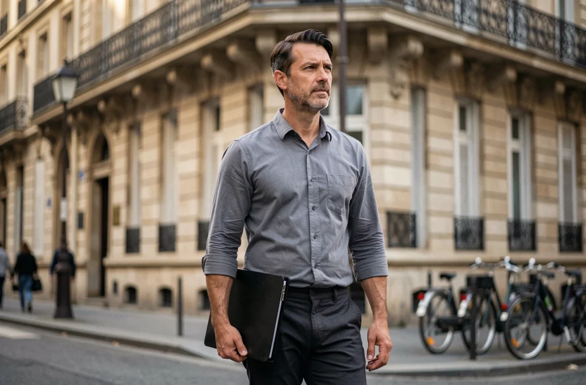Homme se rendant à un casting figurant à Paris devant un immeuble haussmannien, portfolio sous le bras