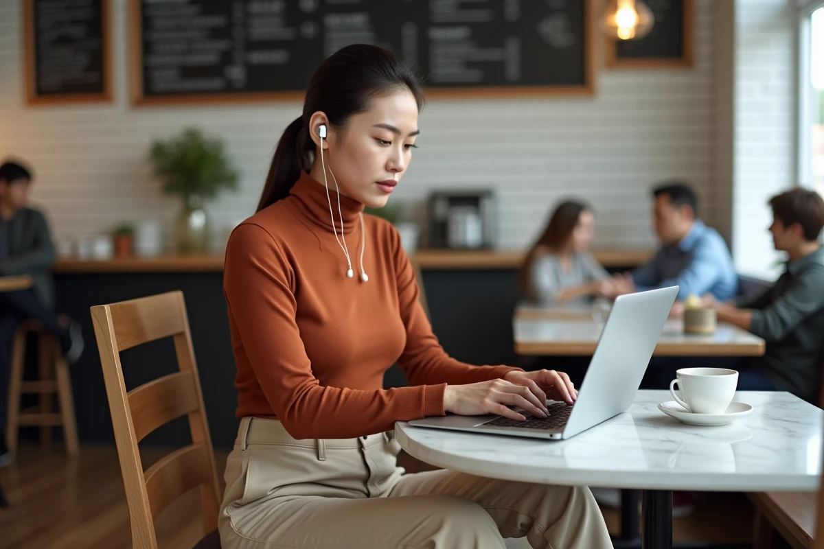 Jeune femme freelance gérant son activité en ligne depuis un café urbain avec son ordinateur portable
