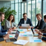 Groupe de professionnels en réunion dans une salle moderne