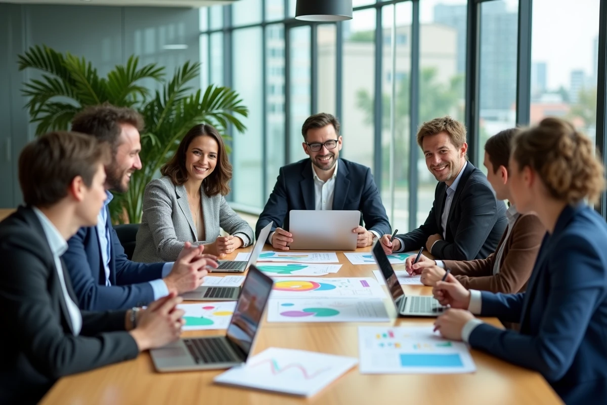 Groupe de professionnels en réunion dans une salle moderne
