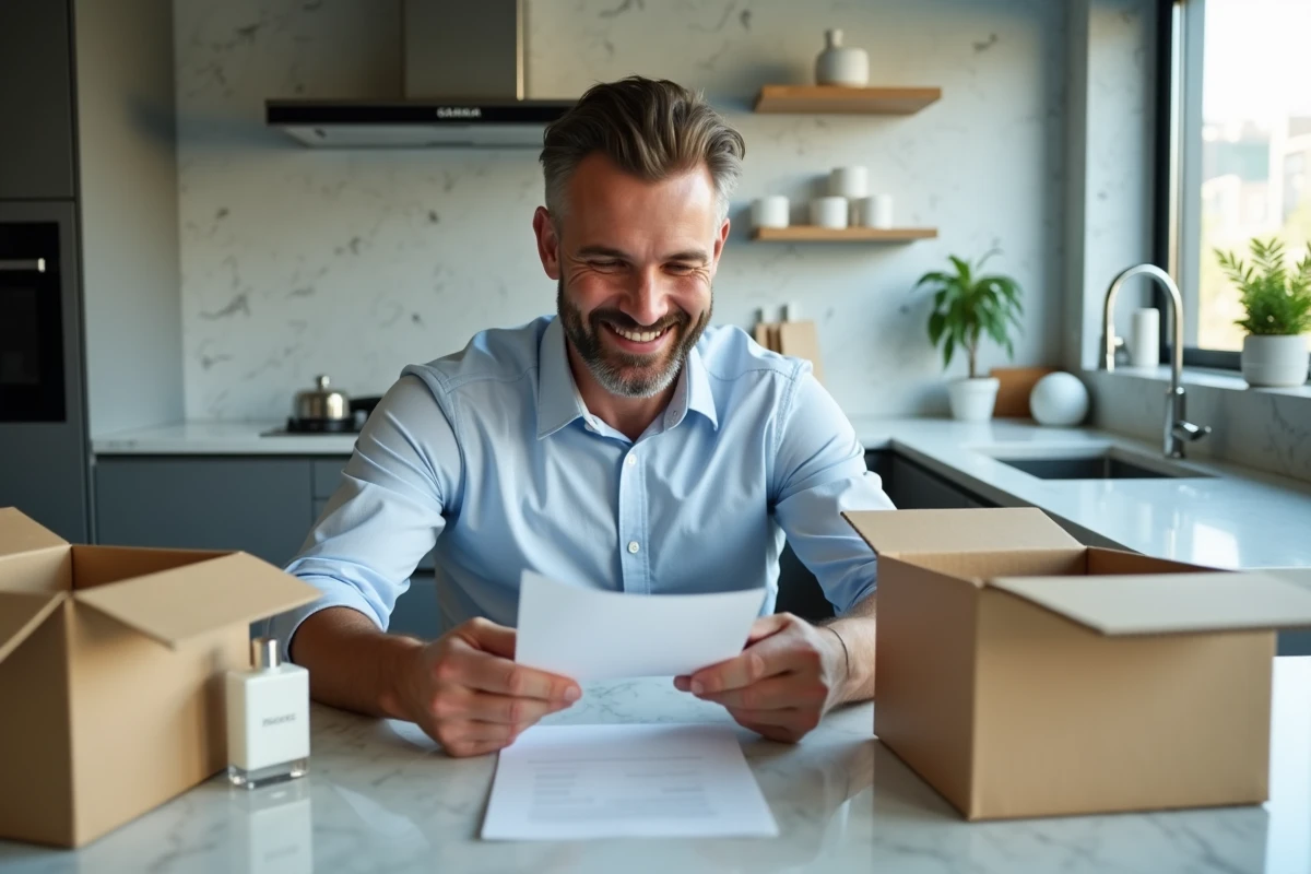 Homme examine un reçu avec des boîtes de parfum dans la cuisine