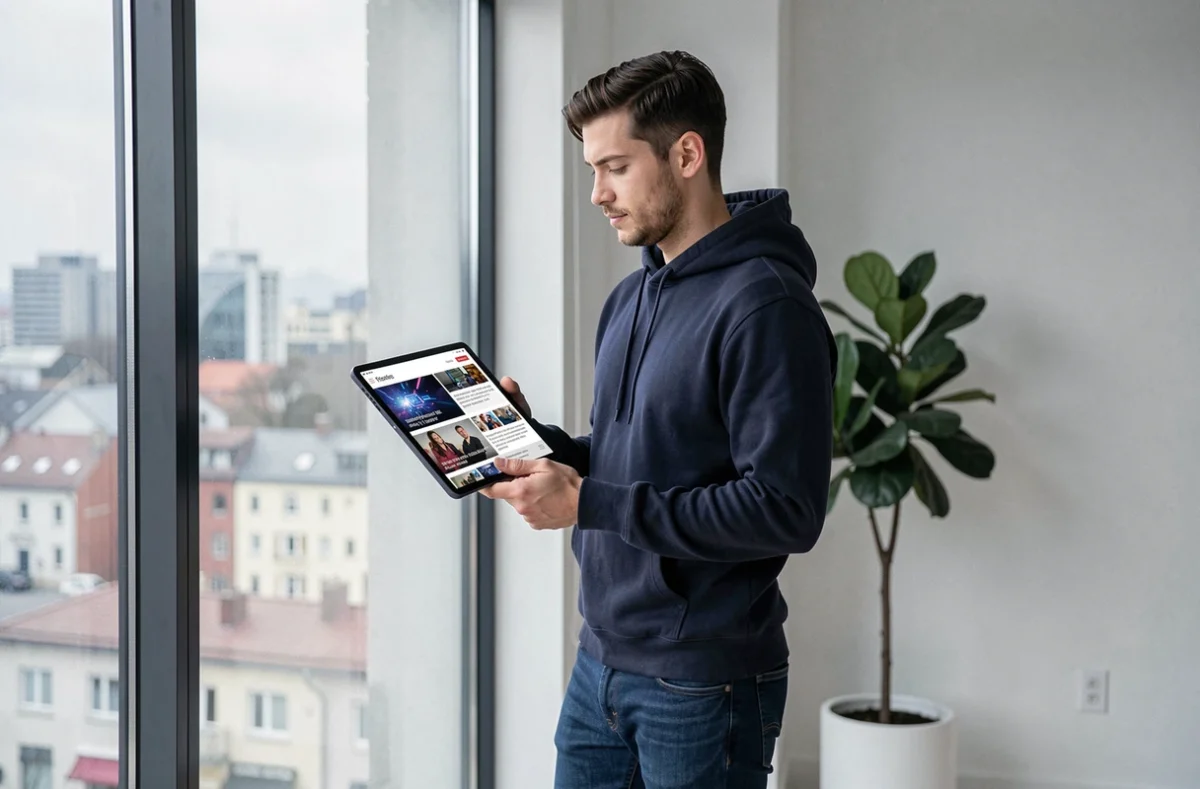 Homme consultant les actualités et tendances du monde du web sur une tablette numérique dans un appartement minimaliste
