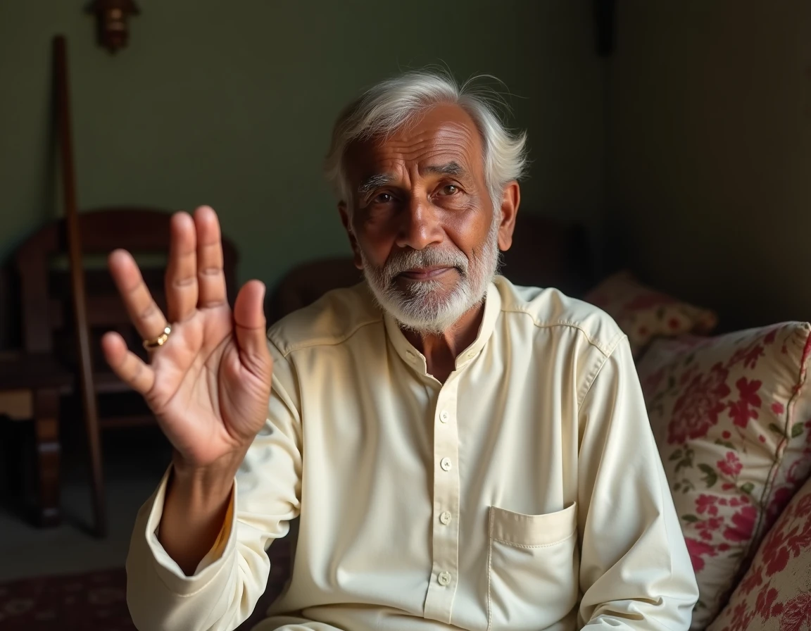 Homme âgé d'Asie du Sud en tenue traditionnelle montrant un ongle long au petit doigt dans un salon