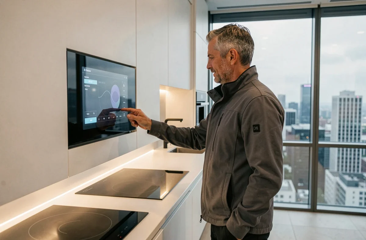 Homme interagissant avec un écran tactile intégré dans une cuisine connectée et intelligente