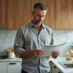 Homme lisant les étiquettes nutritionnelles dans une cuisine moderne pour contrôler son alimentation et réduire l'acide urique