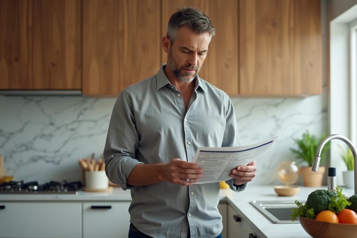Homme lisant les étiquettes nutritionnelles dans une cuisine moderne pour contrôler son alimentation et réduire l'acide urique