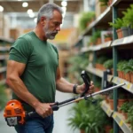 Homme compare deux coupe-branches en magasin jardin