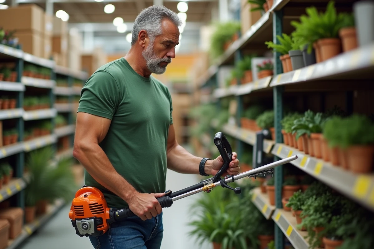 Homme compare deux coupe-branches en magasin jardin