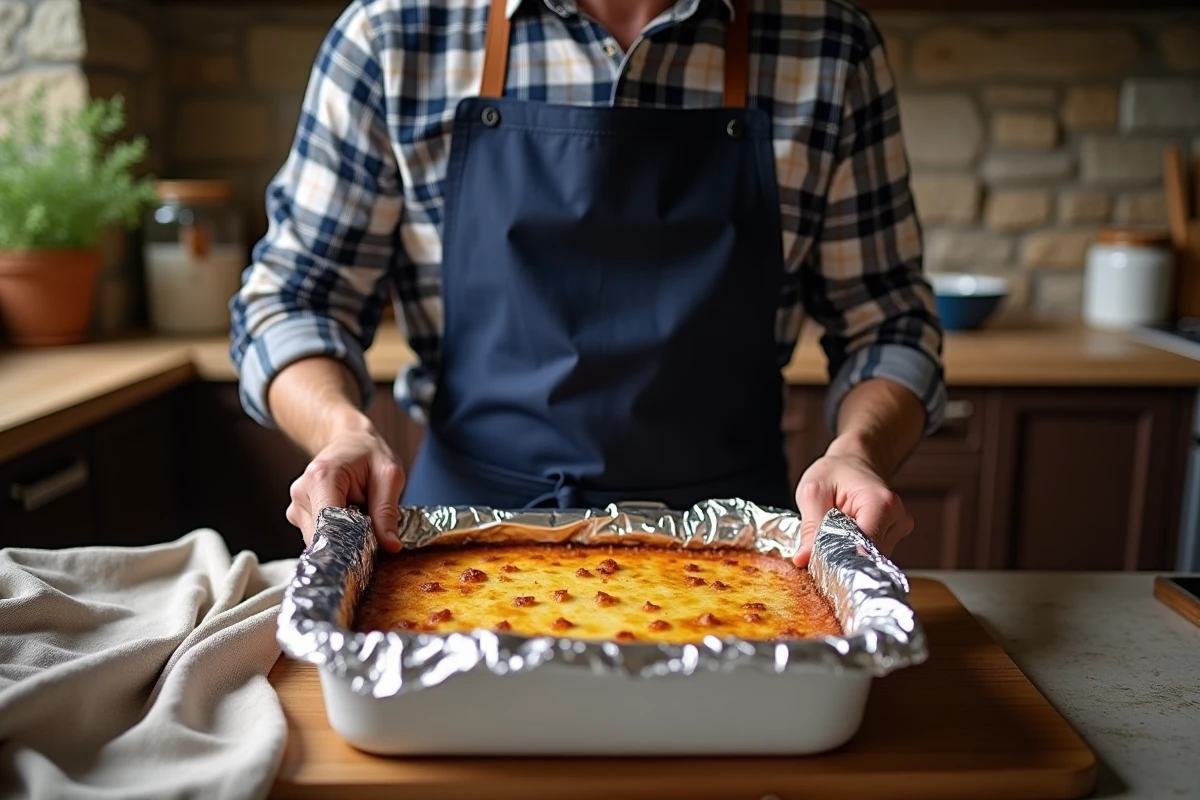 Homme préparant un gratin dans une cuisine rustique chaleureuse