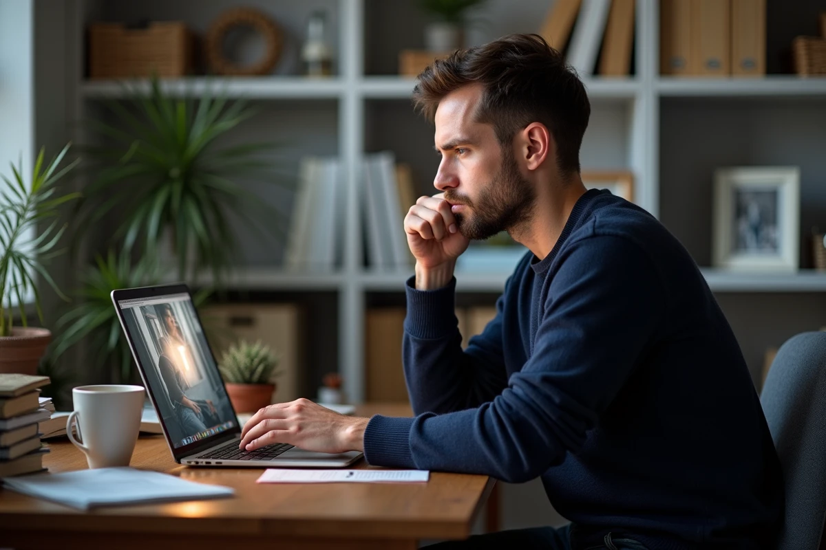 Homme regardant une série en streaming légal sur son ordinateur portable dans un bureau à domicile