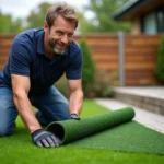 Homme installant du gazon artificiel dans un jardin résidentiel avant de poser un trampoline