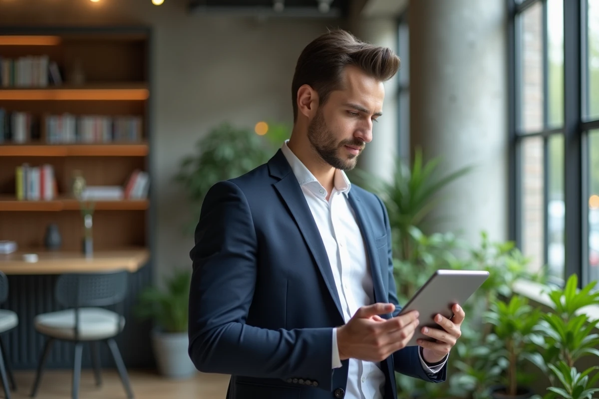 Jeune entrepreneur regardant une tablette dans un espace de coworking