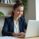 Femme professionnelle en bureau moderne travaillant sur son ordinateur