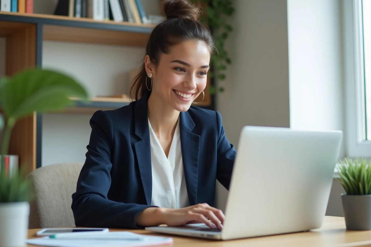 Femme professionnelle en bureau moderne travaillant sur son ordinateur