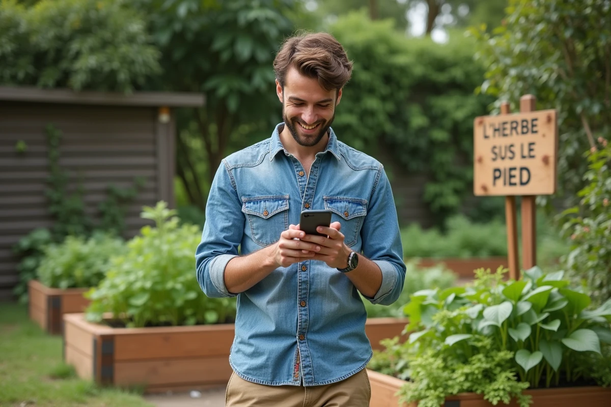 Jeune homme dans un jardin urbain utilisant son téléphone