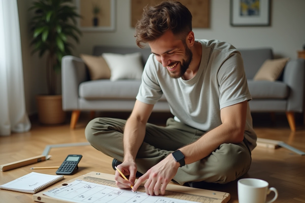 Jeune homme dessinant un projet avec règle et smartphone