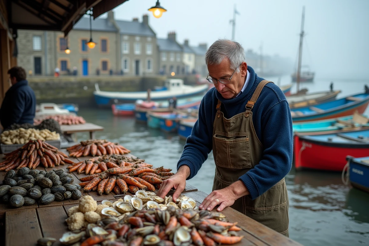 Marché de produits de la mer sur un port breton avec pêcheur et étalage de fruits de mer frais