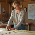 Femme mesurant un bois dans un atelier lumineux