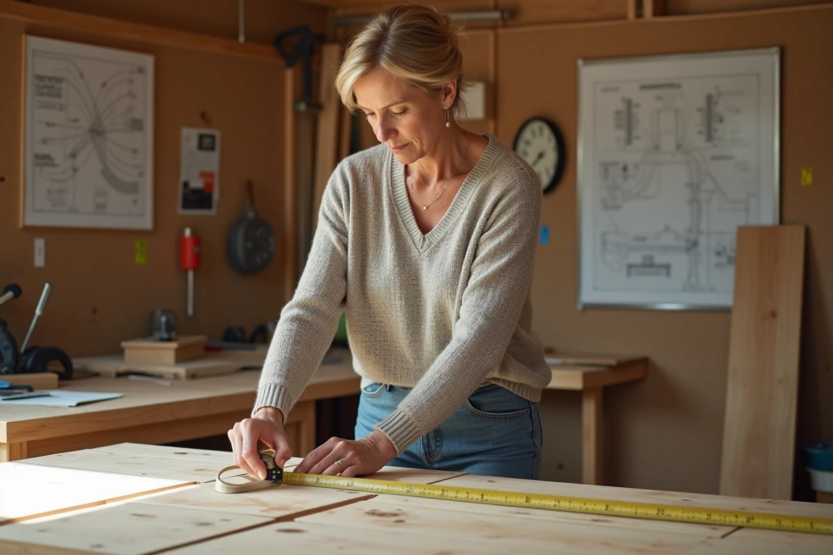 Femme mesurant un bois dans un atelier lumineux