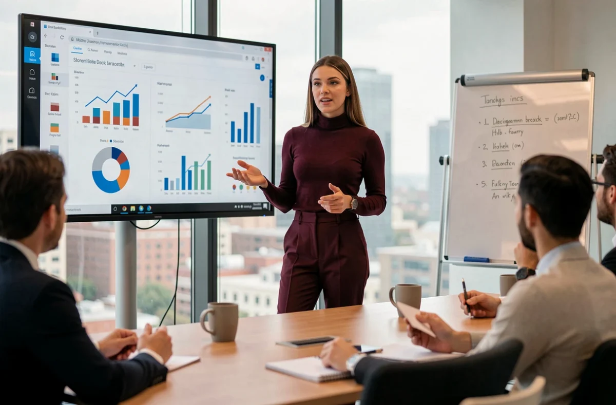 Jeune chef de projet marketing formée en BTS MCO présentant des résultats d'analyse commerciale à son équipe en salle de réunion