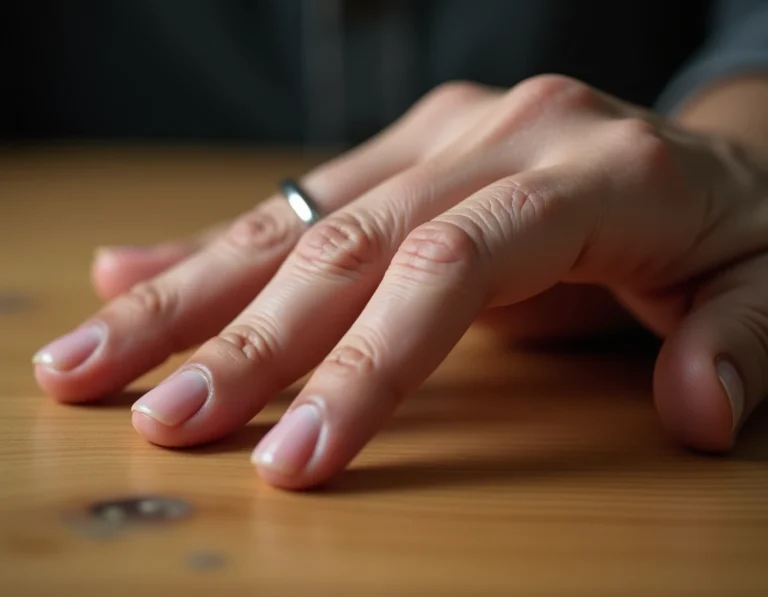 Gros plan sur une main d'homme mature avec un ongle long au petit doigt posée sur une table en bois