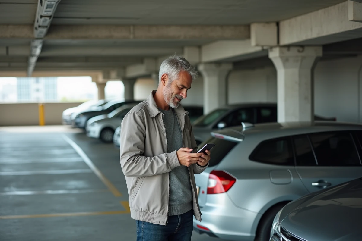 Homme réservant une place de parking partagé via une application mobile dans un parking urbain en béton
