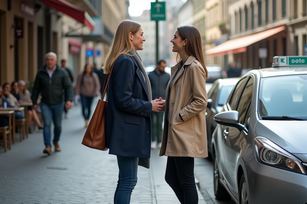 Deux femmes se retrouvant à un point de covoiturage en centre-ville pour partager un trajet quotidien