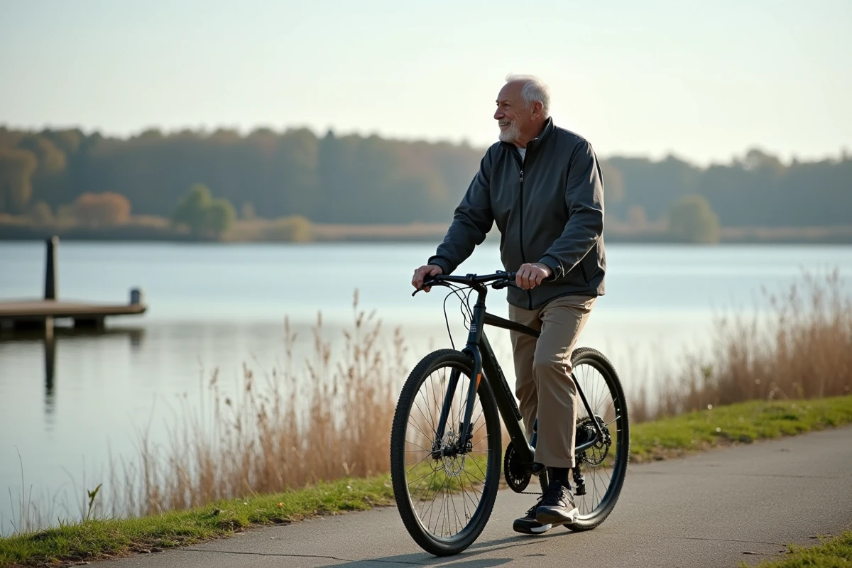 Homme marchant avec son vélo au bord du lac
