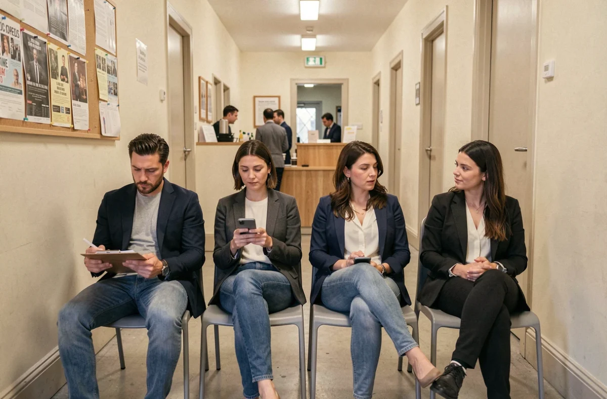 Groupe de candidats adultes attendant leur tour dans la salle d'attente d'une agence de casting figurant à Paris