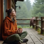 Femme en veste polaire assise sur le porche d'un chalet en forêt de pins en France, tenant une tasse de café au milieu d'un paysage naturel verdoyant