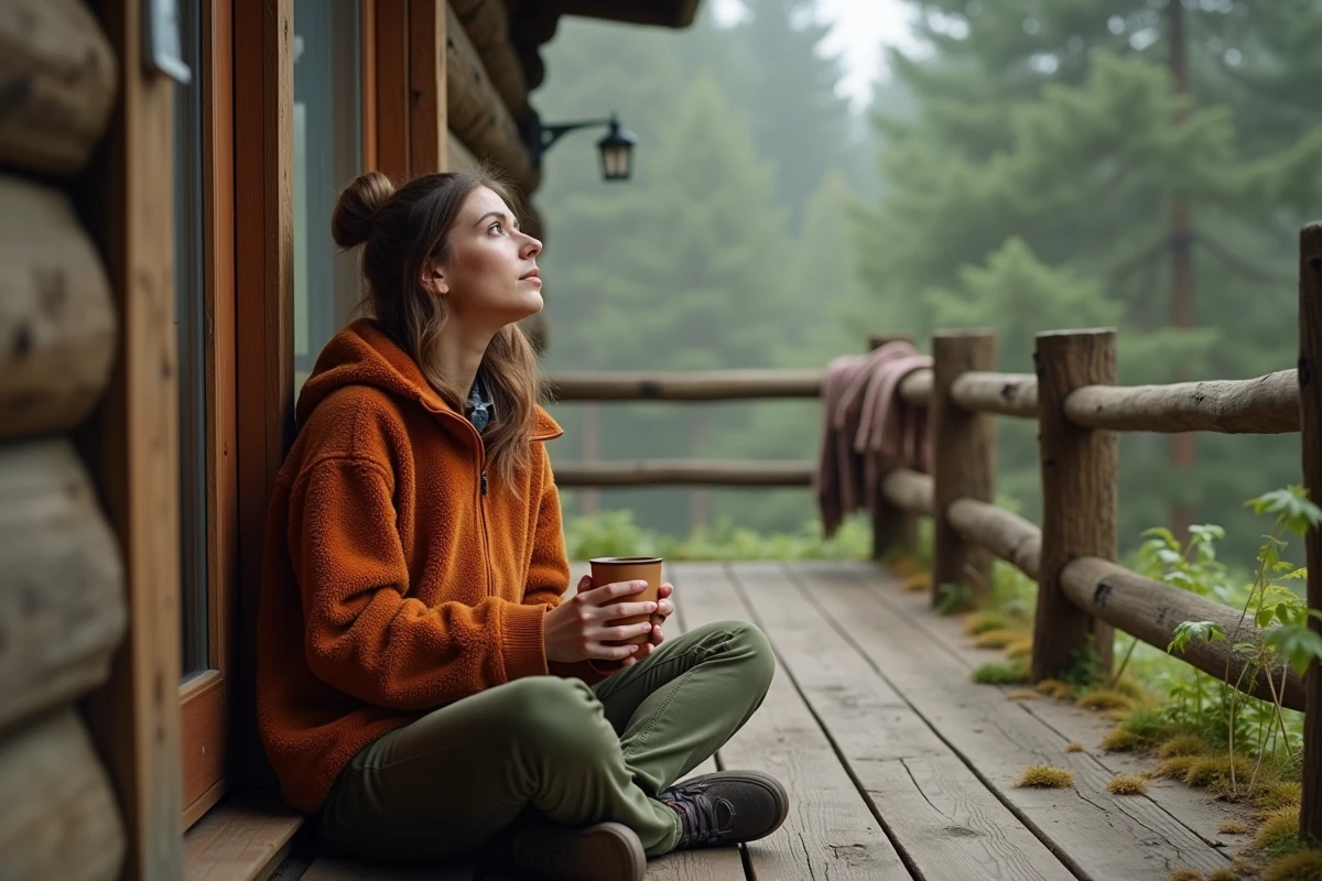 Femme en veste polaire assise sur le porche d'un chalet en forêt de pins en France, tenant une tasse de café au milieu d'un paysage naturel verdoyant