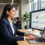 Femme professionnelle analysant des tableaux de bord de marketing digital sur un écran d'ordinateur dans un bureau moderne
