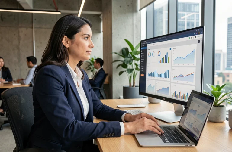 Femme professionnelle analysant des tableaux de bord de marketing digital sur un écran d'ordinateur dans un bureau moderne